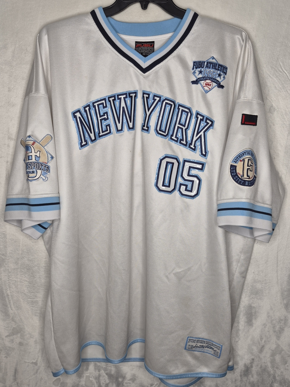 Vintage 1992 FUBU New York 05 Limited Edition Mesh Jersey White Blue Mens 4XL